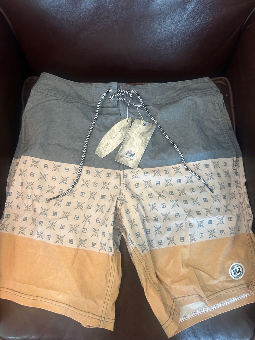 SurfCuz Men's Gray, Beige and Tan Patterned Colorblock Board Shorts
